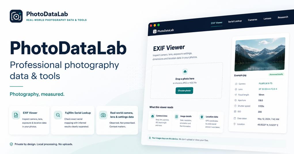 PhotoDataLab professional photography data and EXIF tools interface