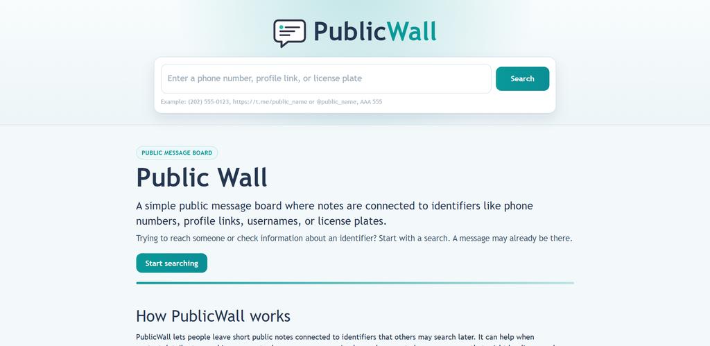 PublicWall: Public Notes Connected to Phone Numbers, Links, Usernames, and License Plates